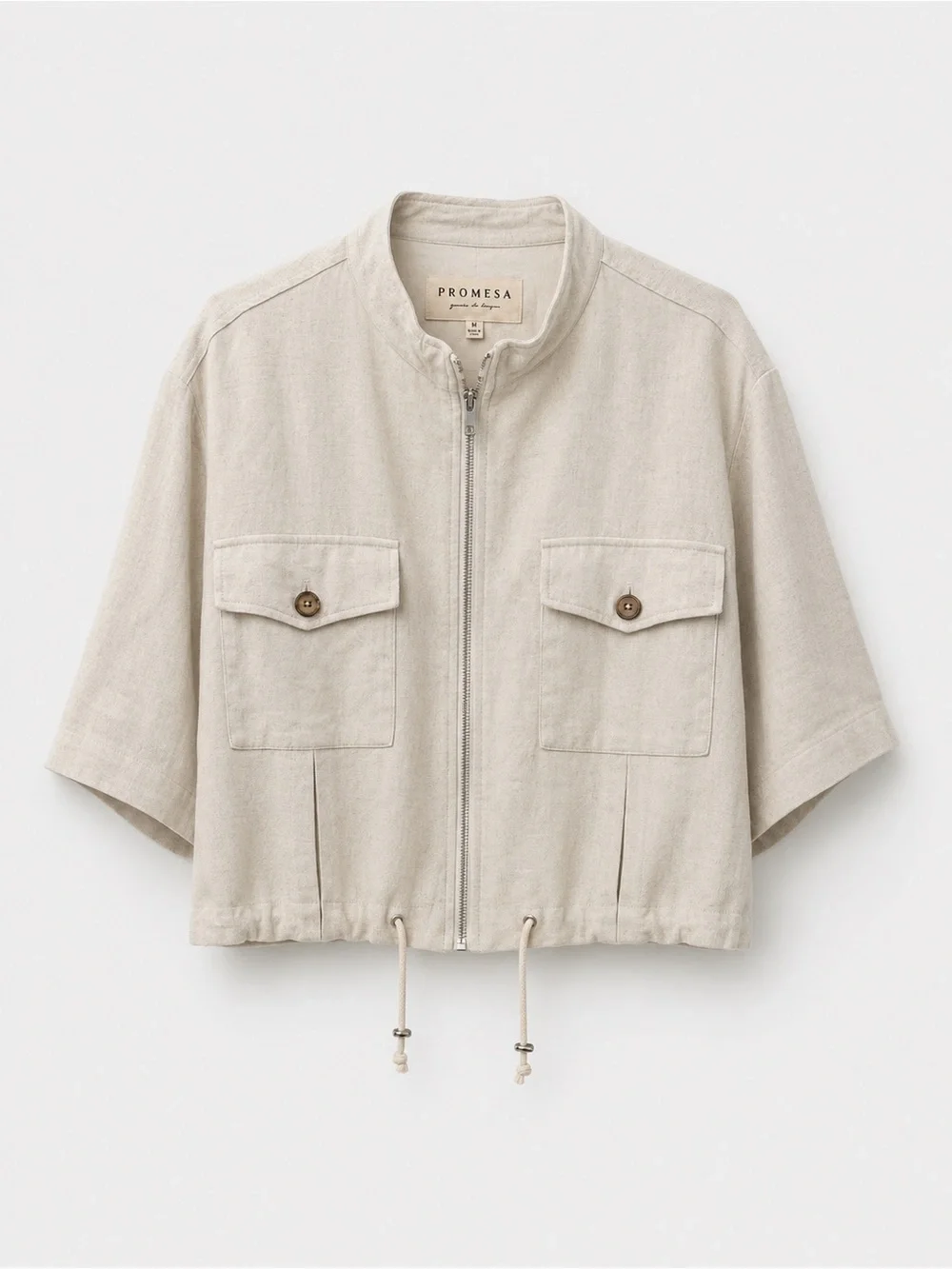 Promesa Linen Blend Utility Crop Jacket Beige Zip Front Drawstring Size M